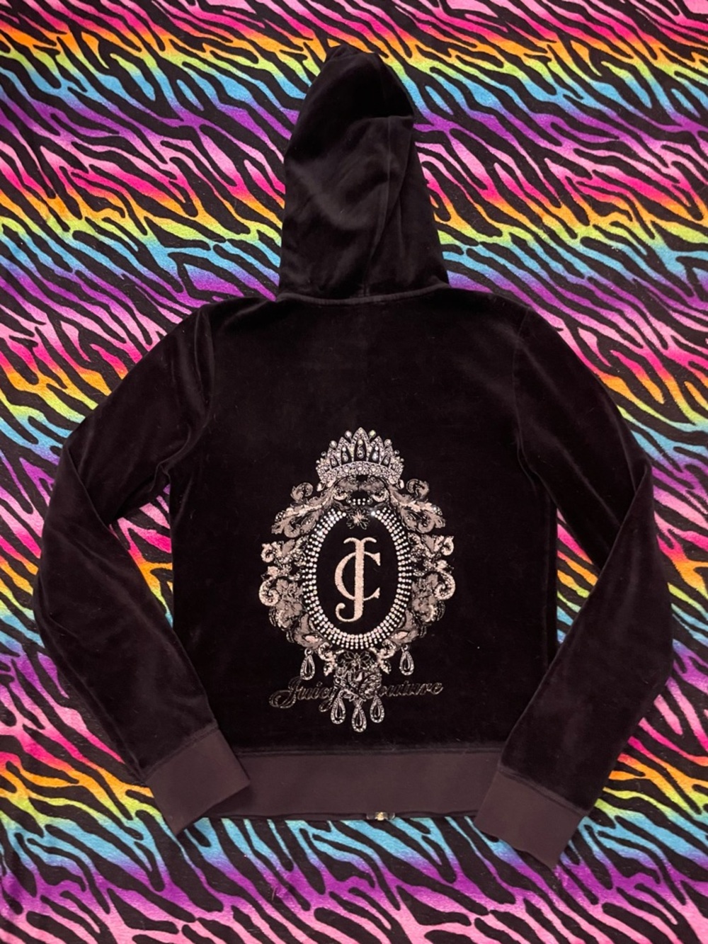 Y2k Vintage Juicy Couture Black Velour Hoodie with Embellished rhinestones